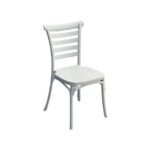 White minimalist Nordic dining chair with curved backrest and slatted design, perfect for modern spaces.