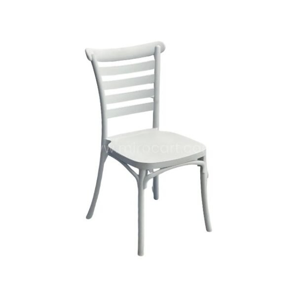 White minimalist Nordic dining chair with curved backrest and slatted design, perfect for modern spaces.