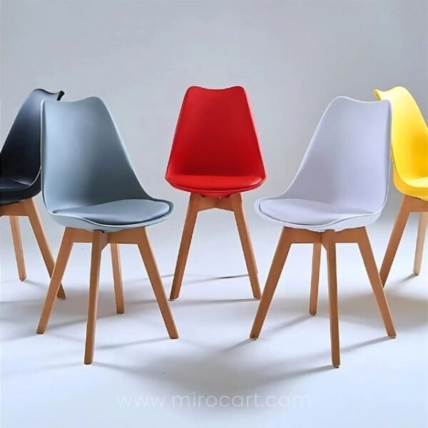 Modern dining chairs in various colors arranged in a minimalist white room.