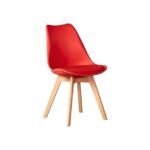 Modern dining chair in red with wooden legs, featuring a sleek design.