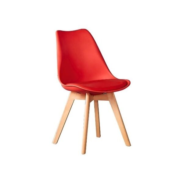 Modern dining chair in red with wooden legs, featuring a sleek design.
