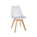 Modern white dining chair with padded seat and wooden legs.