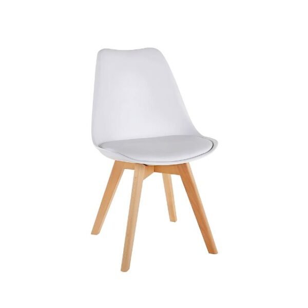 Modern white dining chair with padded seat and wooden legs.