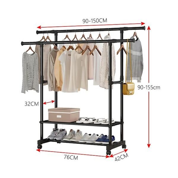 Compact portable clothes rack with adjustable design and extendable rods.