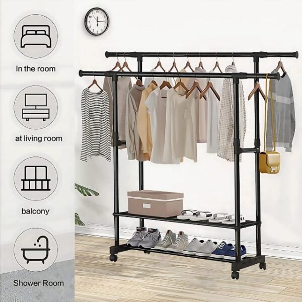 Versatile portable clothes rack for clothes, shoes, and towels.