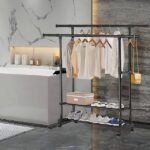 Portable clothes rack for bathroom organization.