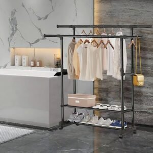 Portable Clothes Rack with Adjustable Rods and Shoe Shelves