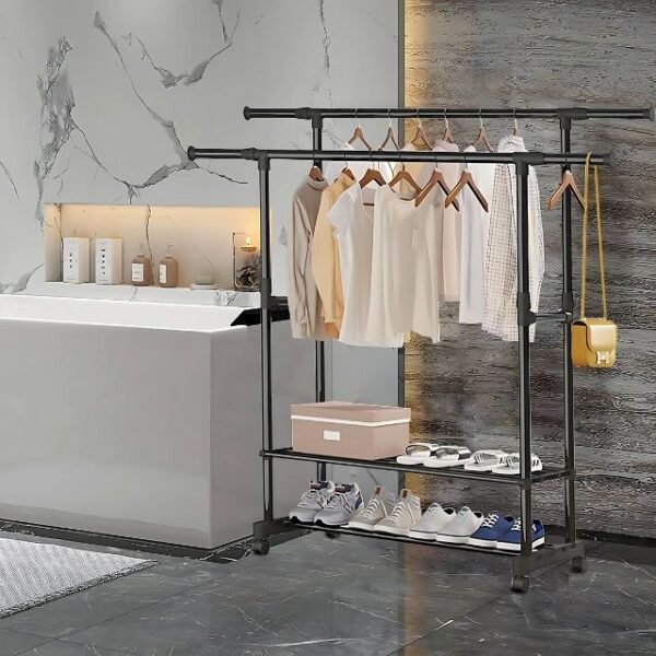 Portable clothes rack for bathroom organization.