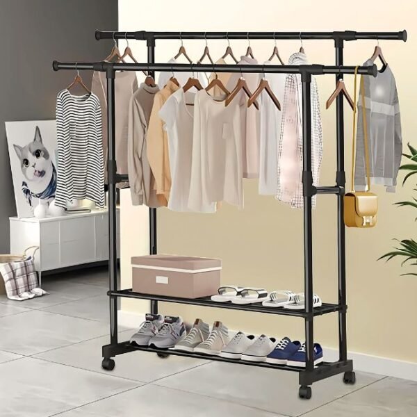 Stylish black portable clothes rack for hanging clothes and organizing shoes.