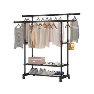 Portable Clothes Rack with Adjustable Rods and Shoe Shelves