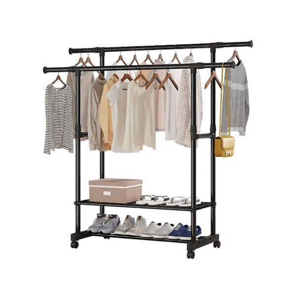 Portable clothes rack with adjustable rods and 2 shoe shelves for bedroom organization.