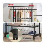Adjustable width and movable wheels on portable clothes rack.
