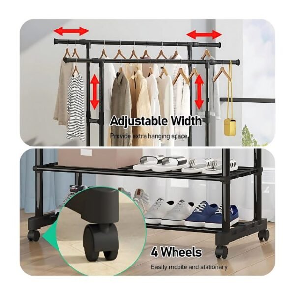 Adjustable width and movable wheels on portable clothes rack.