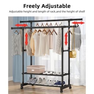 Portable Clothes Rack with Adjustable Rods and Shoe Shelves