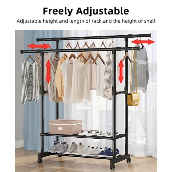 Adjustable rods on portable clothes rack for customizable storage.