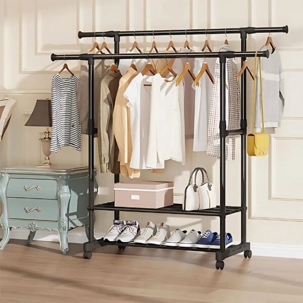 Portable clothes rack with steel structure, holds up to 50kg.