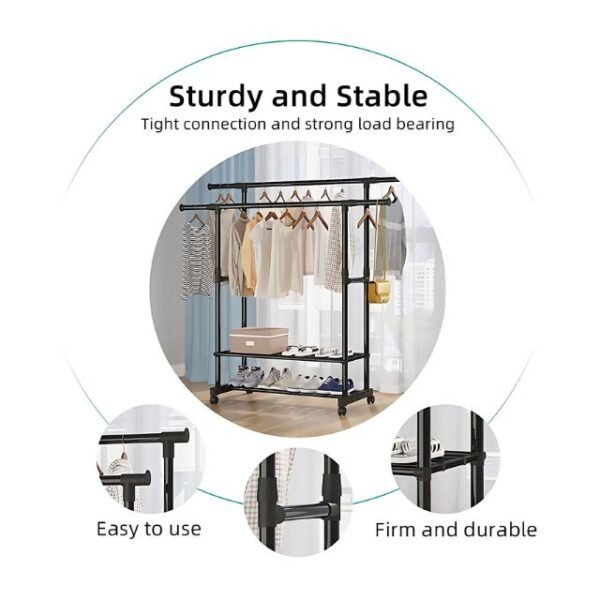 Sturdy portable clothes rack with stainless steel and 360° wheels.