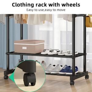 Portable Clothes Rack with Adjustable Rods and Shoe Shelves