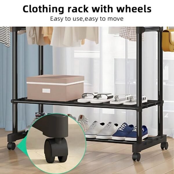 Portable clothes rack with 50kg weight capacity and smooth-rolling wheels.