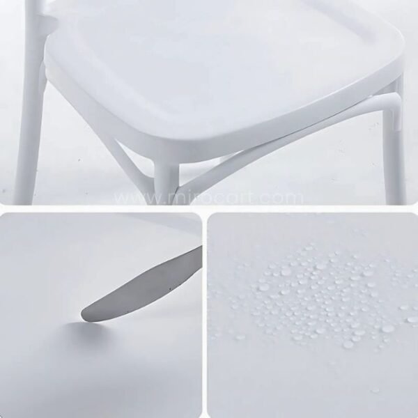 White minimalist Nordic dining chair with scratch and water resistance tested, showing durability and high quality