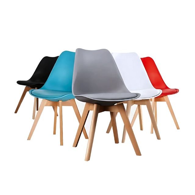 Group of multicolored modern dining chairs showcasing available color options.