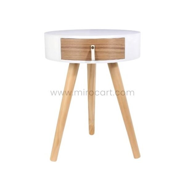 Modern bedside table with white round top and wooden legs.