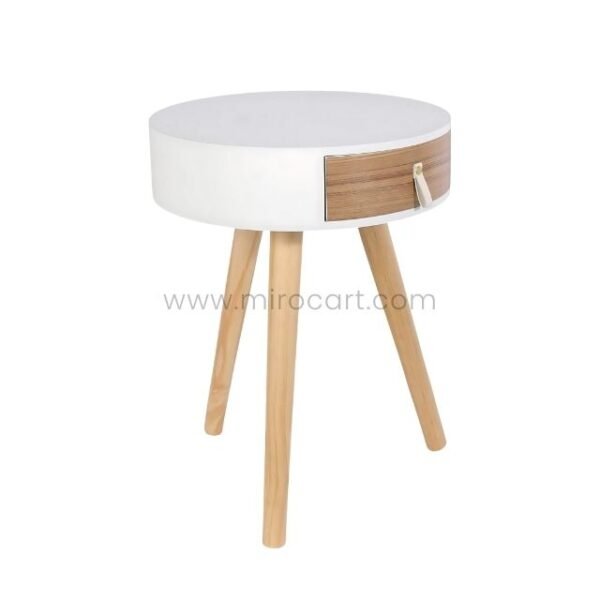 Modern bedside table with white top, wooden drawer, and legs.