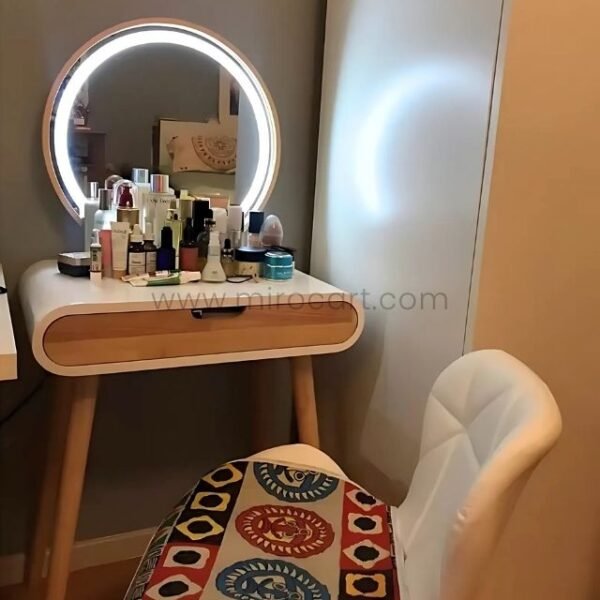 Modern dressing table with wooden top, drawer, and beauty products.