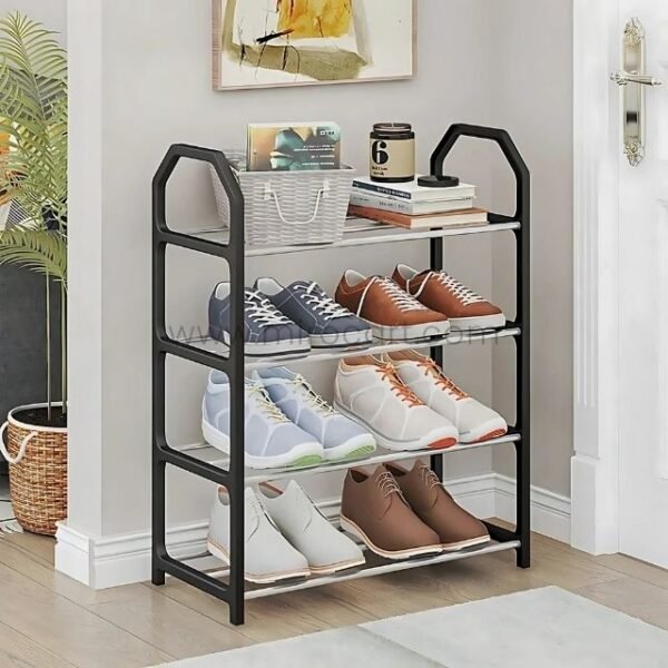 Black 4-tier shoe rack holding neatly arranged shoes, a basket, and decor items in a cozy, well-decorated room.