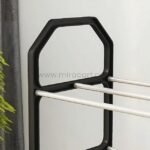 Black drying rack with a pentagon-like geometric frame and three sturdy stainless steel bars for efficient hanging and drying.
