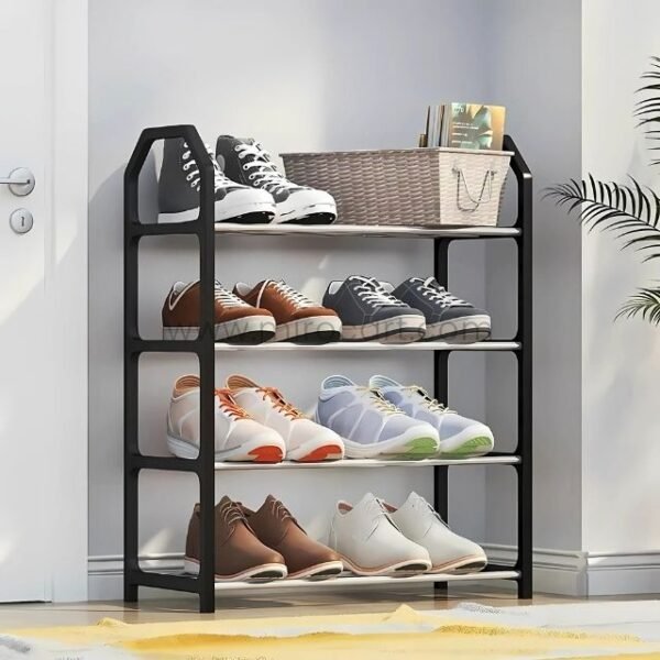 Black metal shoe rack with four tiers, neatly arranged with various shoes, a woven basket, and a decorative plant in a bright room.