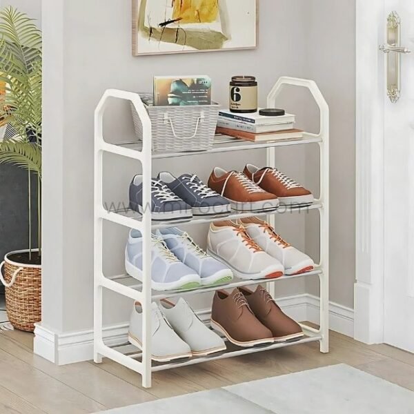 White 4-tier shoe rack with a minimal design, holding shoes and a small basket in a modern, clutter-free room with decor accents.