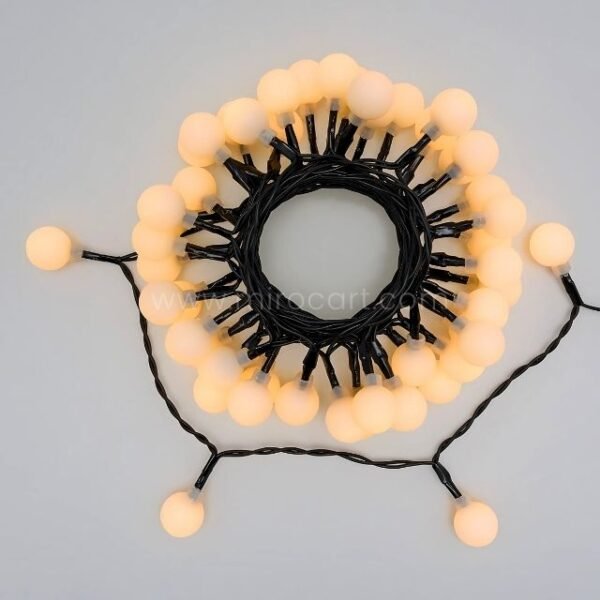 A neatly coiled string of warm white LED lights, ready for easy installation on patios, gardens, or event spaces.