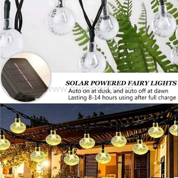Solar-powered fairy lights with auto on/off function, featuring textured bulbs for a magical outdoor glow.