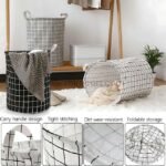 Three grid-pattern laundry baskets with close-up details of stitching, handles, and dirt-resistant fabric.