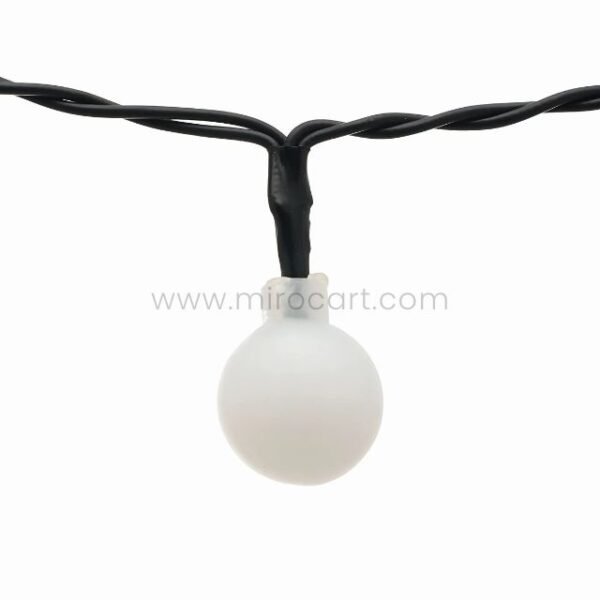 A single warm white LED bulb attached to a twisted black wire, part of a solar string light set.