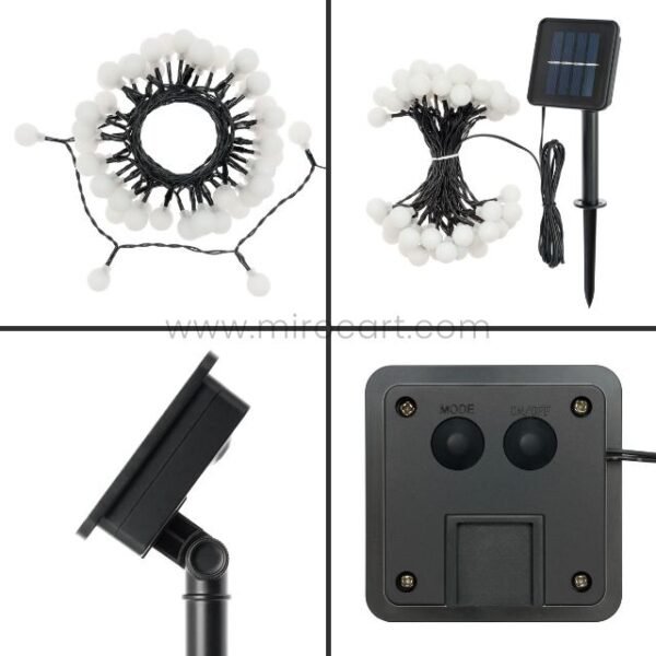 A complete solar string light set featuring warm white bulbs, a solar panel, and easy-to-use controls.