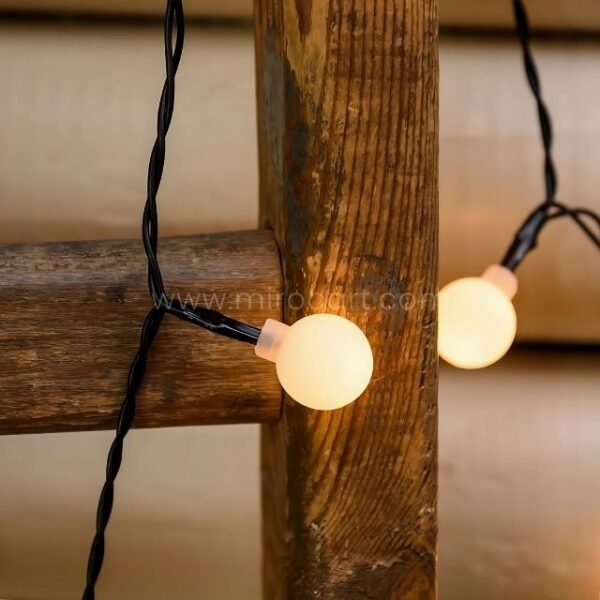 Cozy warm white string lights wrapped around rustic wooden beams, adding a charming glow to any outdoor space.