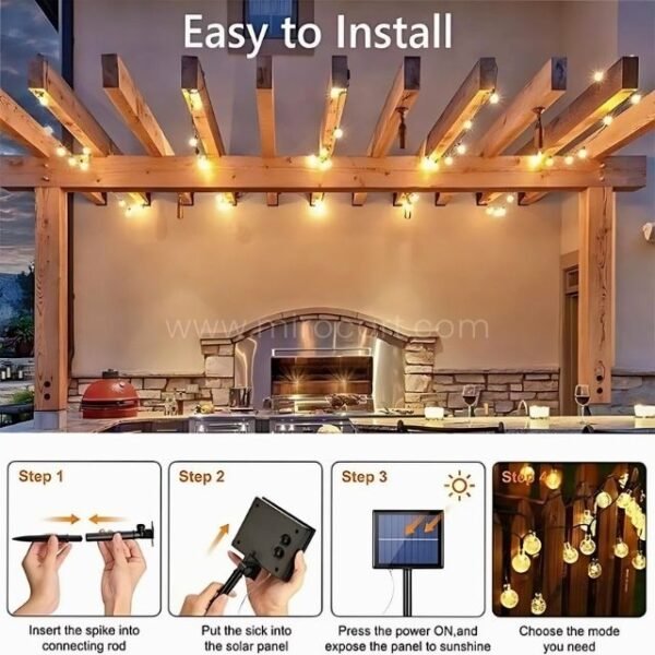 Step-by-step installation guide for solar string lights on a wooden pergola, showcasing effortless setup.