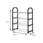 Black 4-tier shoe rack with labeled dimensions: 62 cm tall, 43 cm wide, and 28 cm deep, ideal for compact storage.