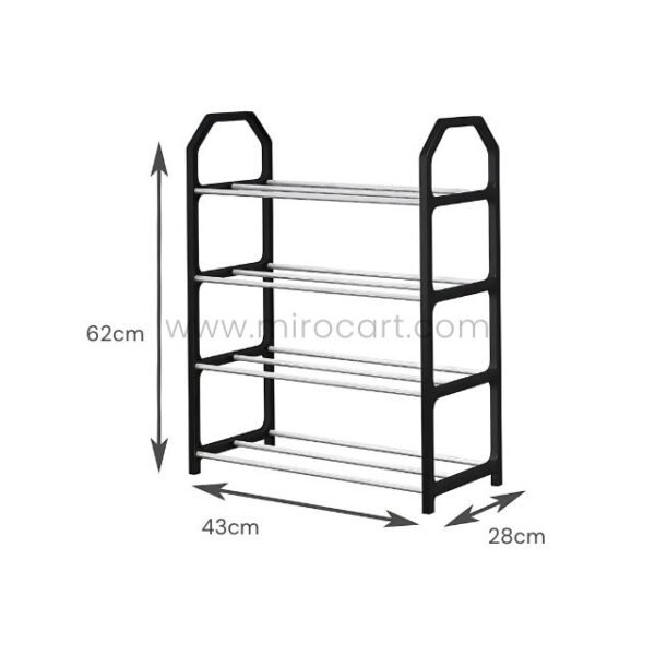 Black 4-tier shoe rack with labeled dimensions: 62 cm tall, 43 cm wide, and 28 cm deep, ideal for compact storage.