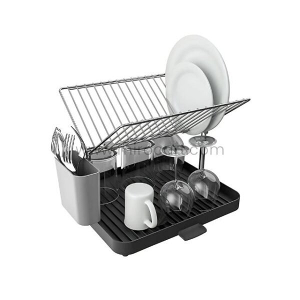 Sleek black 2-tier dish drying rack holding plates vertically and glasses upside down with side utensil organizer.