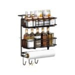 Sleek white 2-tier spice rack with a built-in paper towel holder and carbon steel frame.