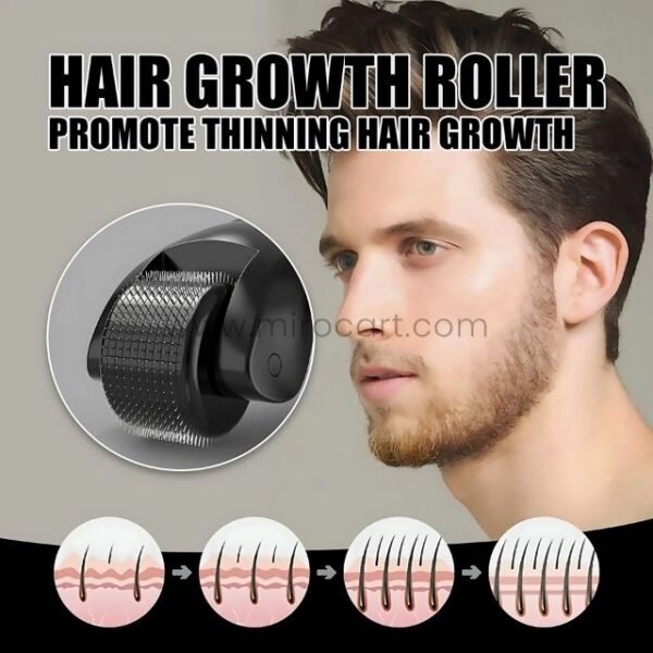 Advanced hair derma roller with step-by-step progression diagram illustrating hair regrowth stages.