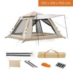 Beige camping tent with accessories including tent poles, carrying bag, groundsheet, pegs, ropes, and clips.