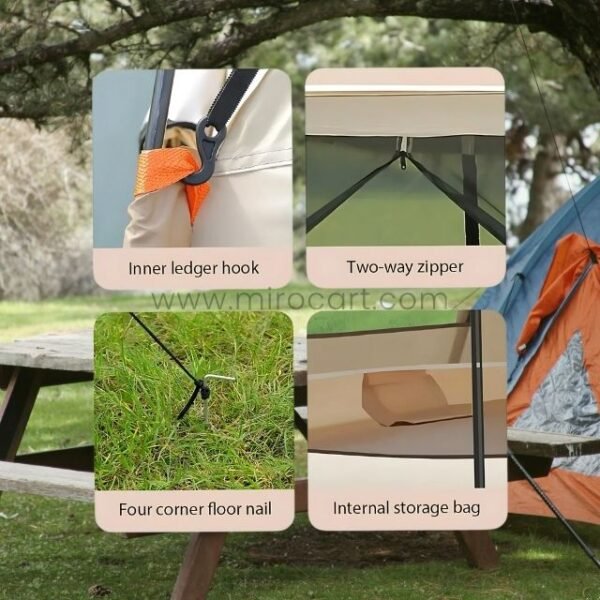 Four key features of an automatic camping tent: inner ledger hook, two-way zipper, corner floor nails, and internal storage bag.