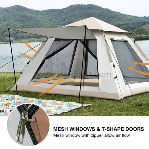 Automatic camping tent with mesh windows and T-shape doors near a lake and mountains. Orange arrows highlight airflow for ventilation.