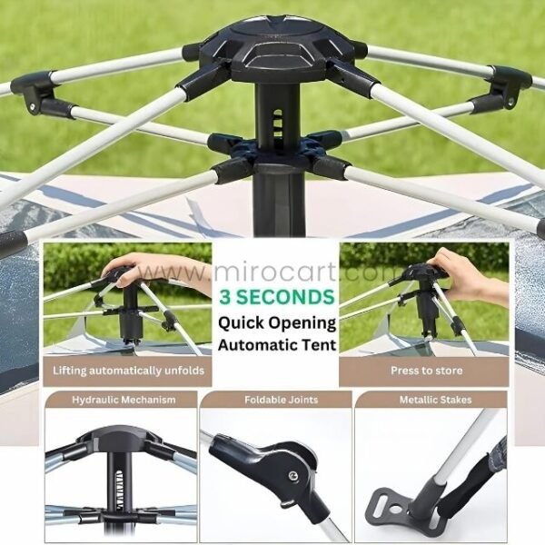 Close-up of an automatic camping tent’s central hub with foldable joints and a hydraulic mechanism.