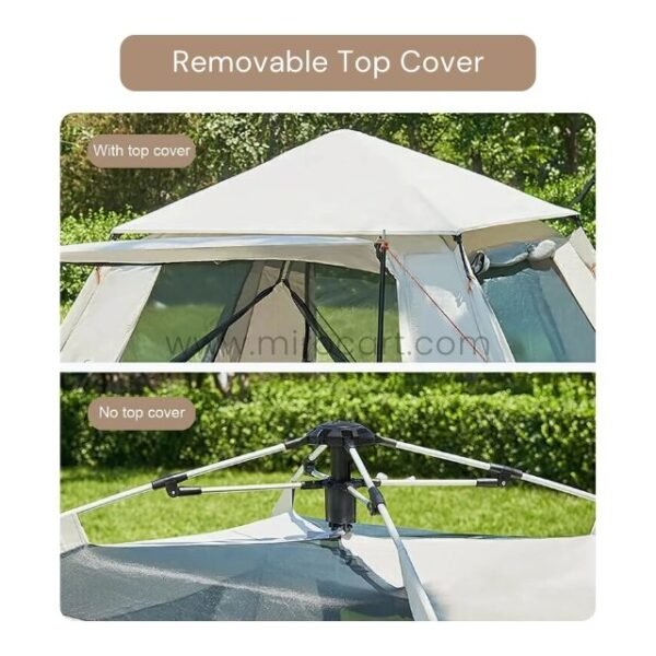 Tent with a removable top cover, shown both with and without the cover attached.