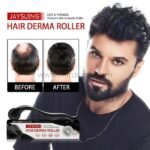 Jaysuing advanced hair derma roller displayed alongside impressive before-and-after hair regrowth results.